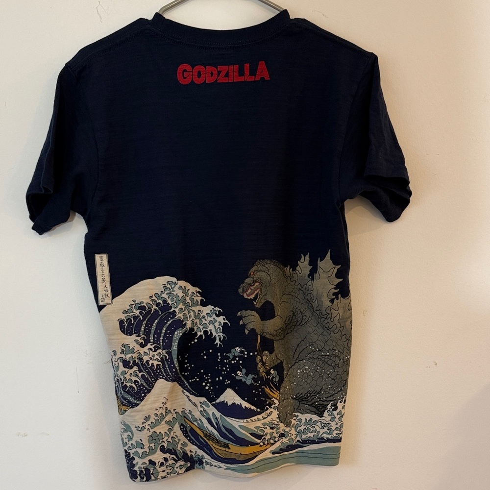 Navy Godzilla Graphic Tee with Wave and Godzilla in the back - Picture 3 of 8